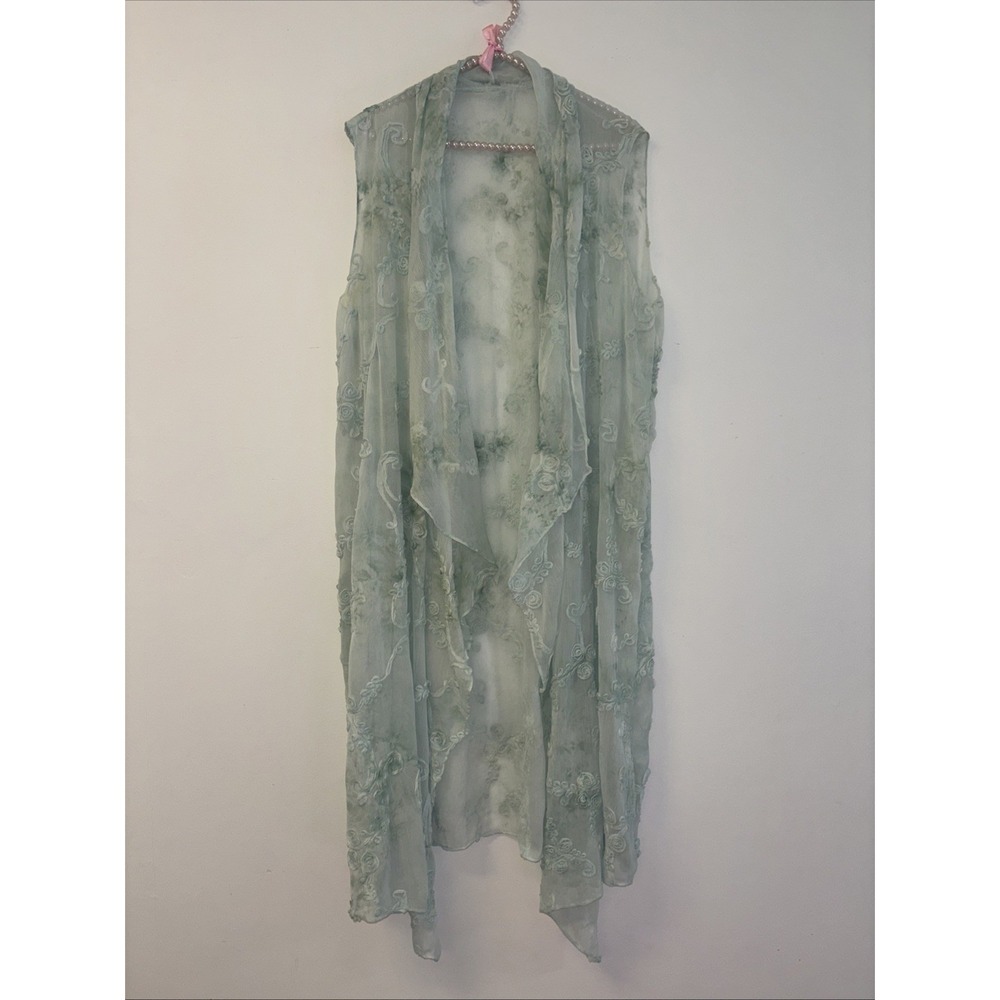 Open Front Kimono Cardigan Green Sheer  3/4 Sleeves Ruffles Floral Flower Tiedye